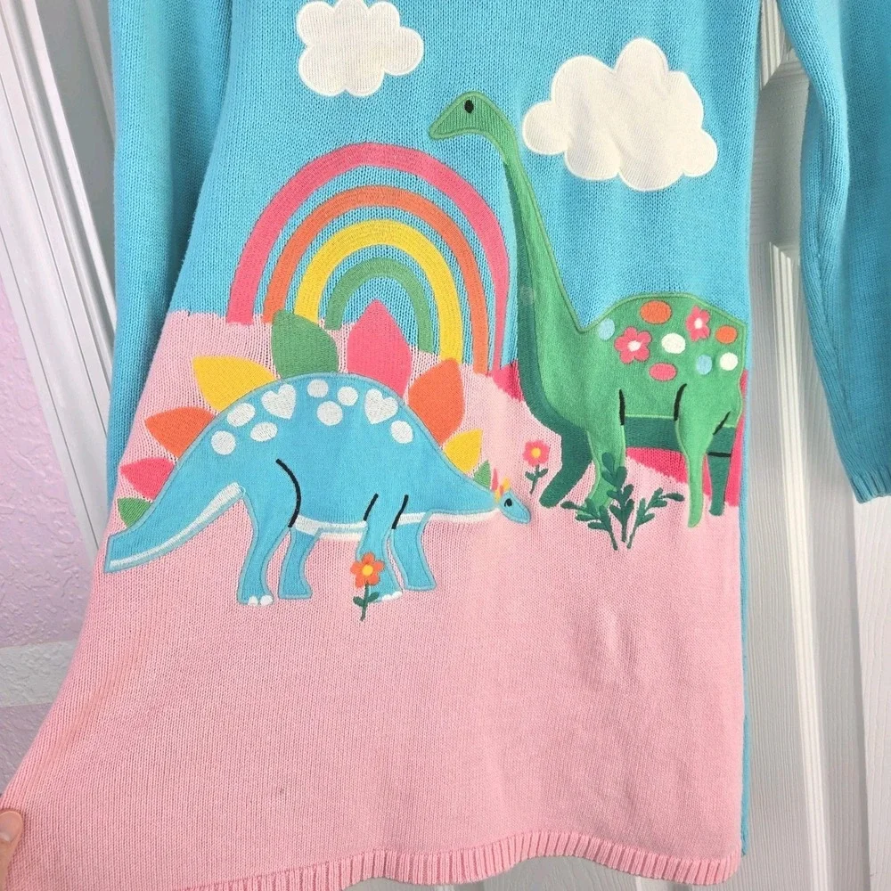 Gymboree Girls Dinosaur Long Sleeve Rainbow Blue Sweater‎ Dress Size 7 Cotton
